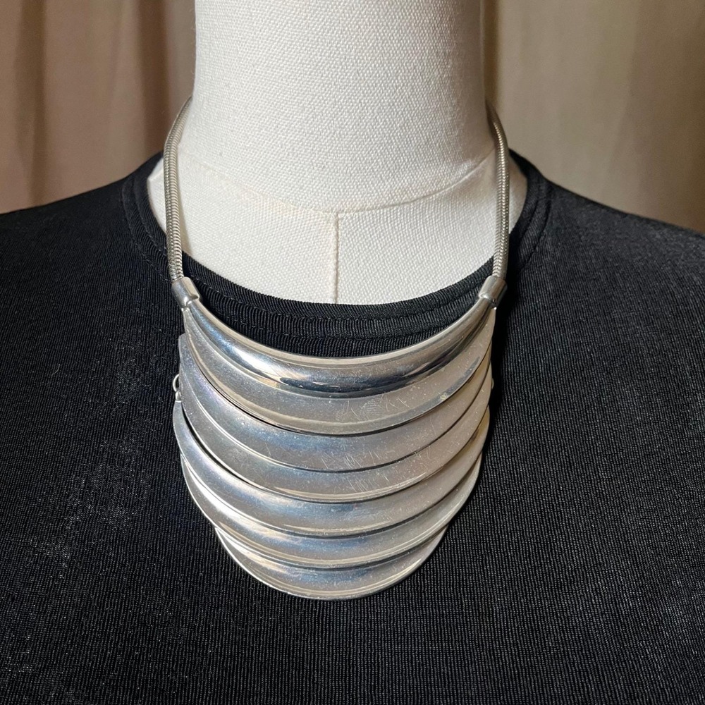 Vintage Sculptural Layered Silver Collar Necklace Statement Modernist Bib 16-18"